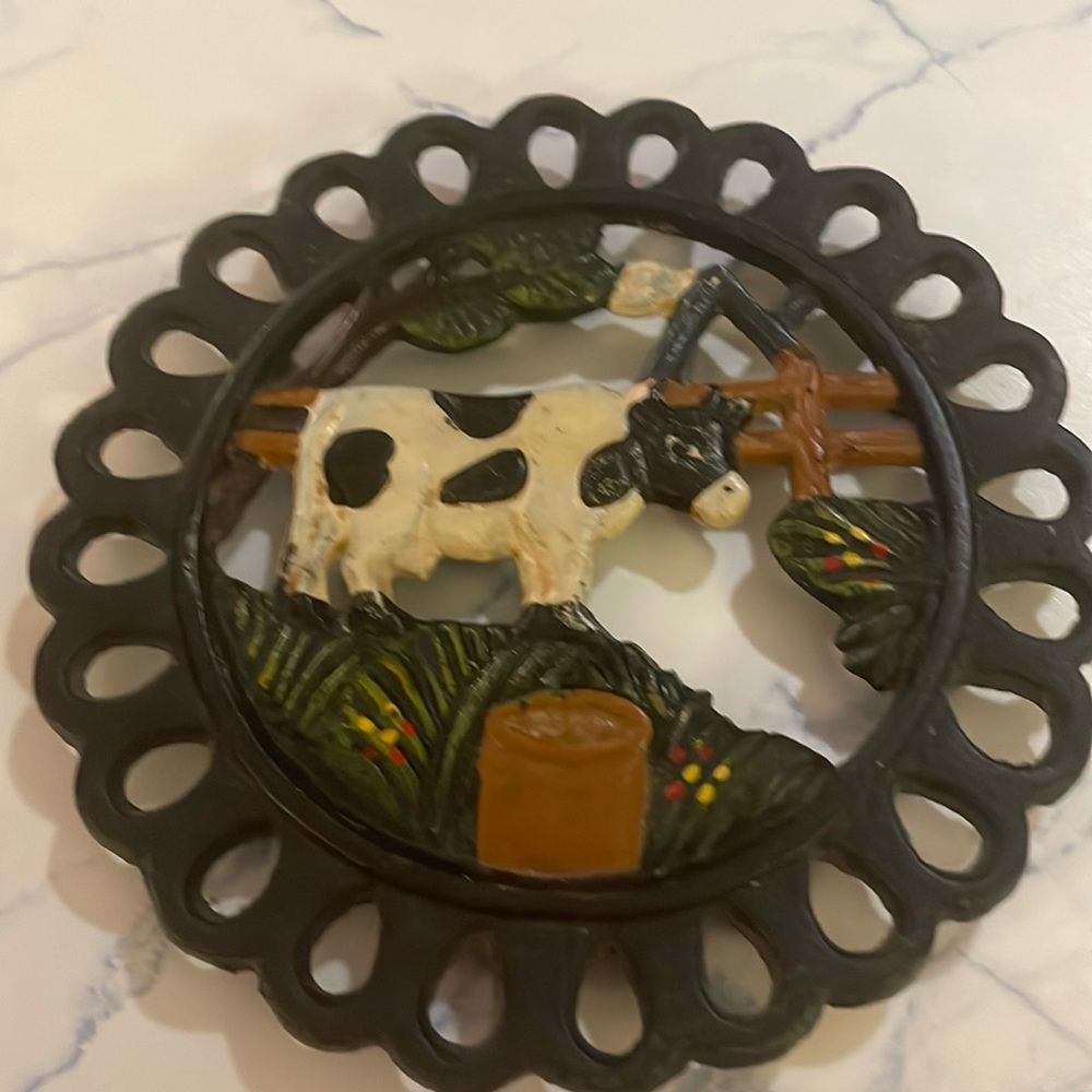 Vintage Cast Iron Trivet-Black and White Cow Trivet Farmhouse Decor